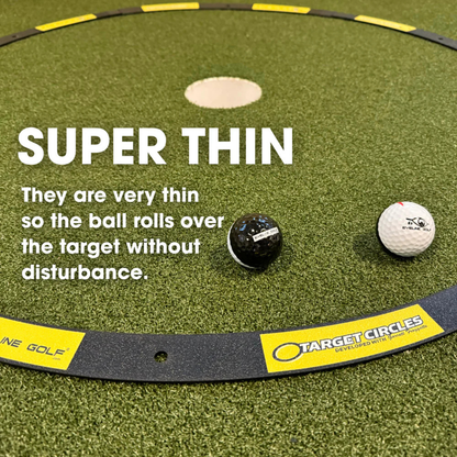 Target Circle with text about 'Super Thin' circles and golf balls on a green surface.