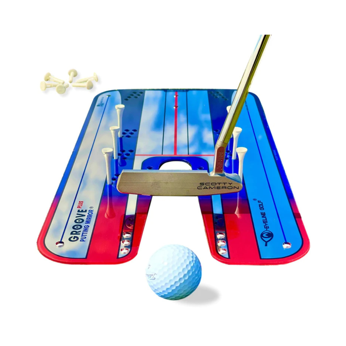 Golf putting mirror with a golf club and ball on a white background