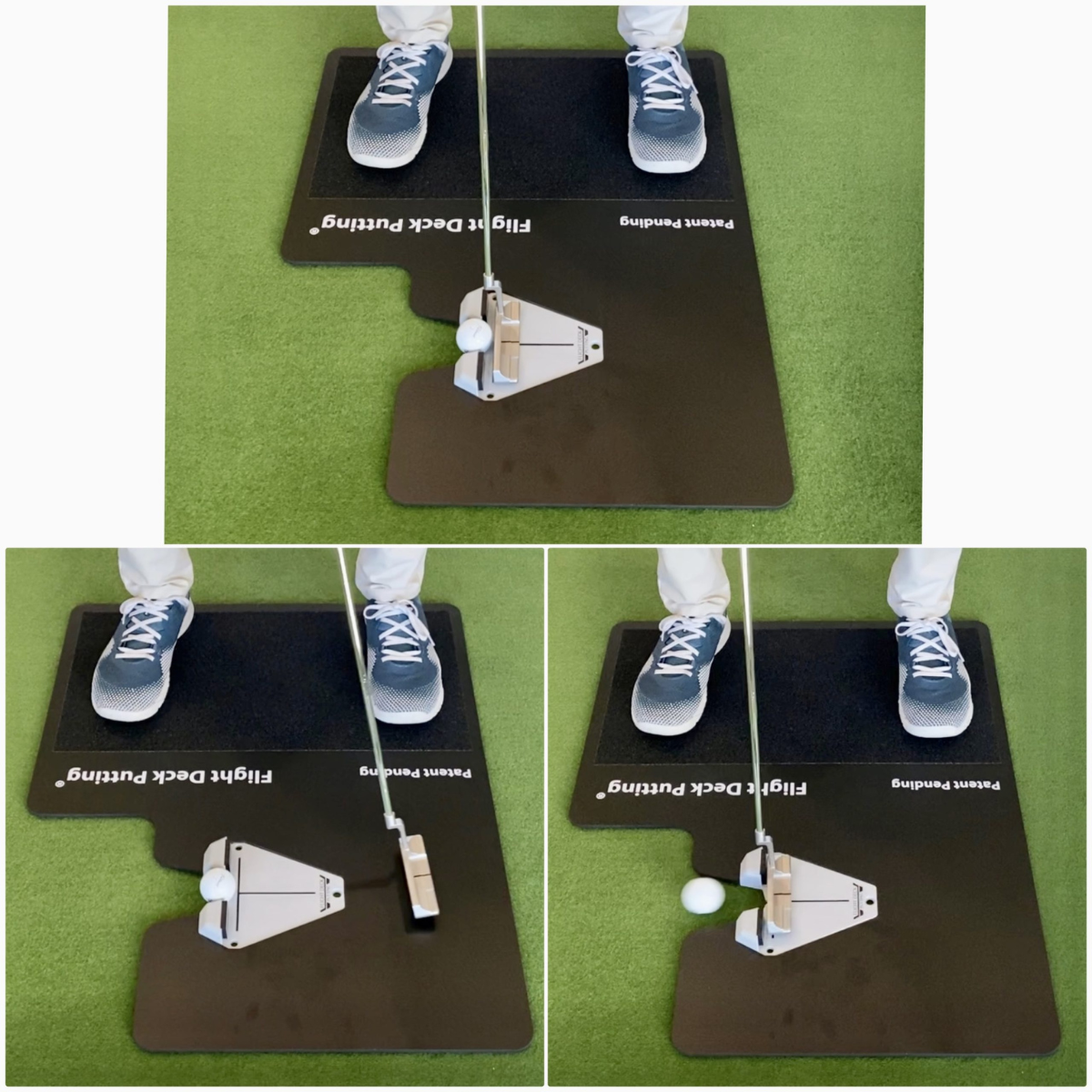 Golf training aid with a golf club and ball on a green surface