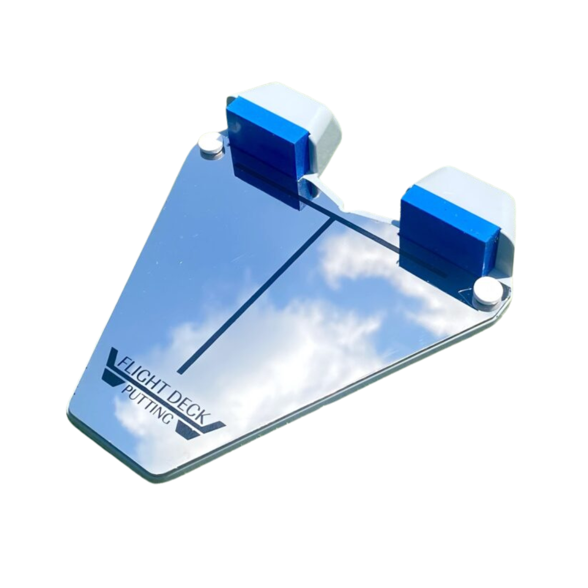 Putting aid with blue and white components on a white background
