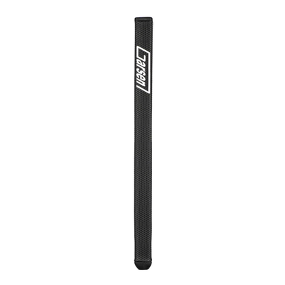 Black golf club putter grip with a logo on a white background