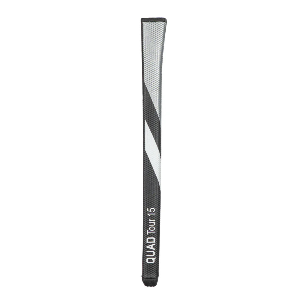 Black and white golf club grip with 'Quad Tour 15' branding on a white background