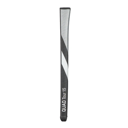 Black and white golf club grip with 'Quad Tour 15' branding on a white background