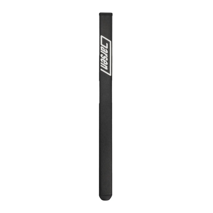 Black golf club putter grip with a visible brand logo on a white background