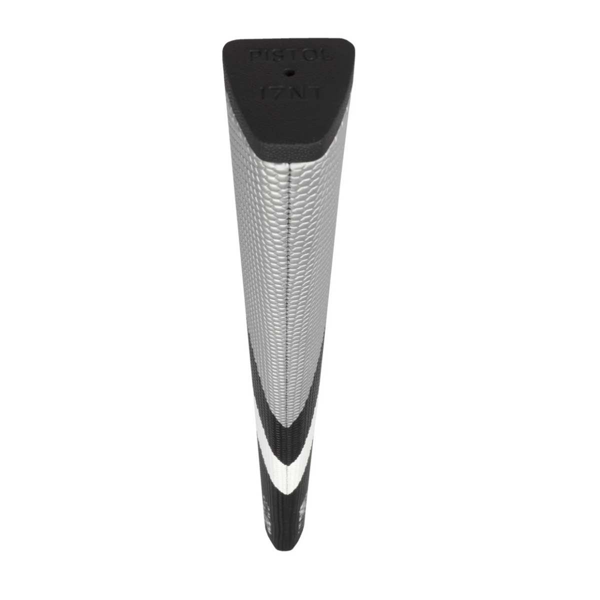 Golf club grip with black and white design on a white background