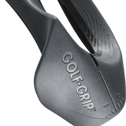 Close-up of a golf club head with 'Golf-Grip' branding on a white background