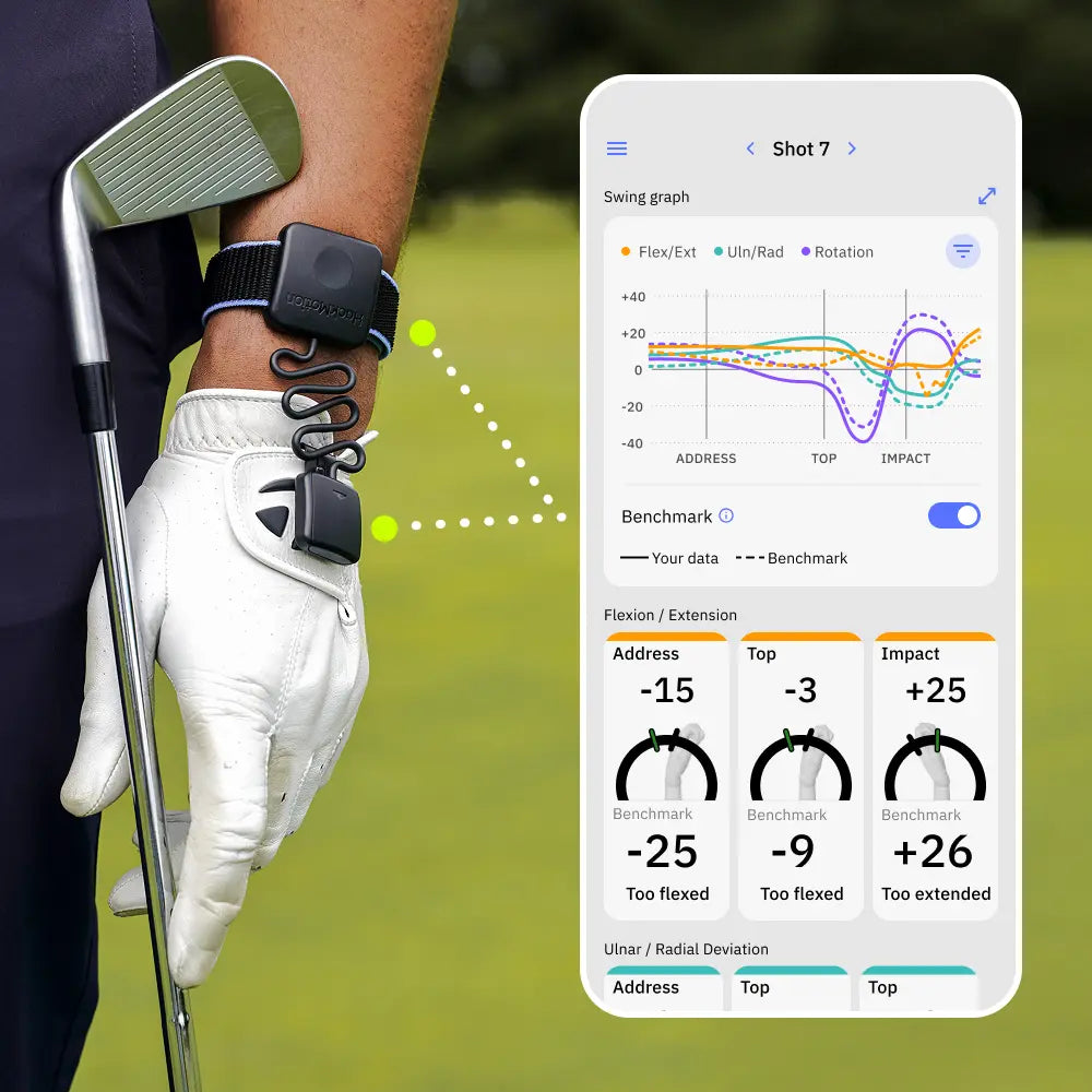 Golfer holding a club with the HackMotion Plus on their wrist, showing golf swing analysis on a smartphone screen.