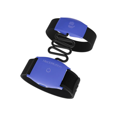 Blue and black wristband with 'HackMotion' branding on a white background