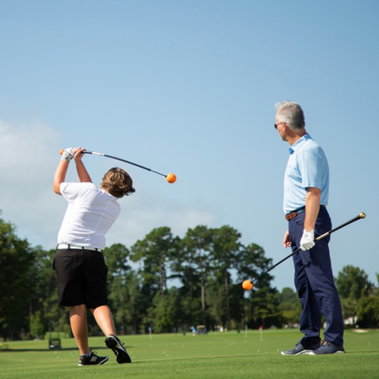 Two men playing golf on a sunny day with clear skies