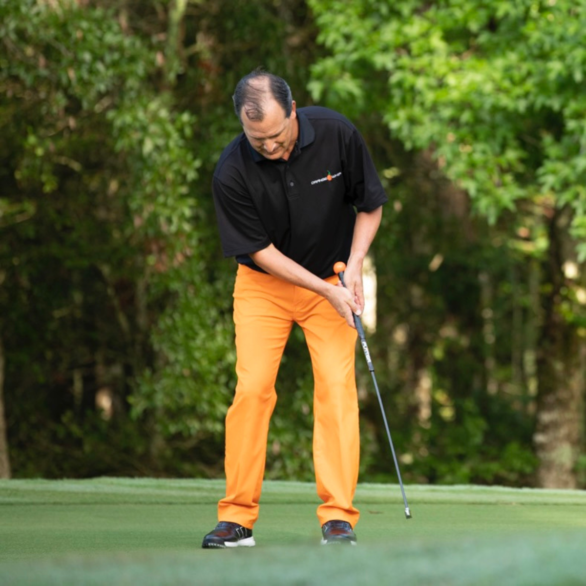 Man in black shirt and orange pants playing golf on a green course with trees in the background