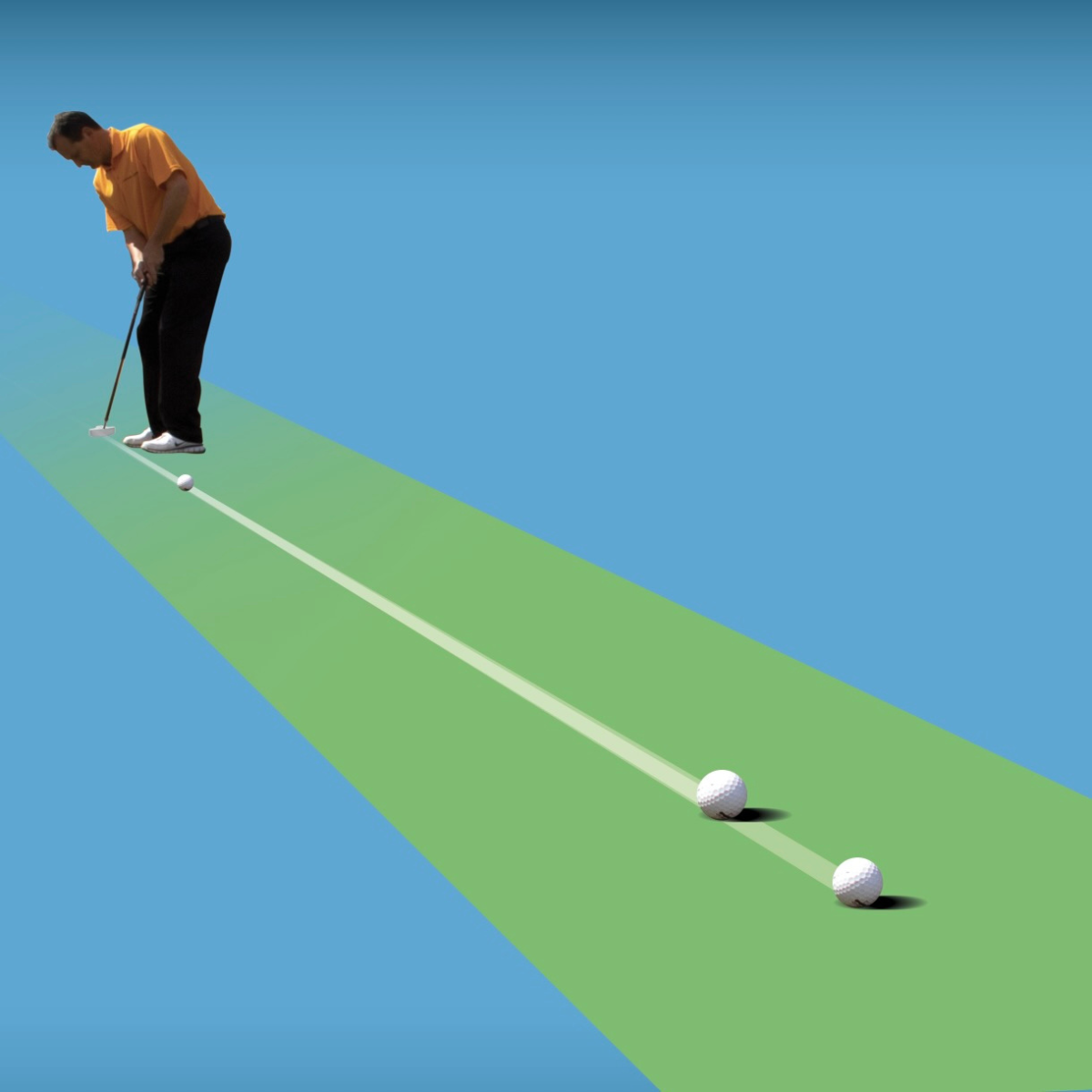 Golf player preparing to putt on a green and blue background