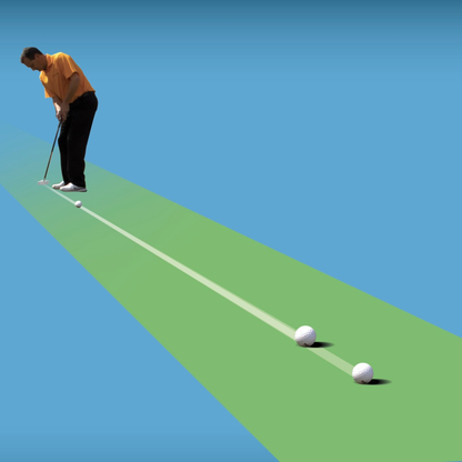 Golf player preparing to putt on a green and blue background
