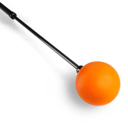 Orange ball on a black rod against a white background