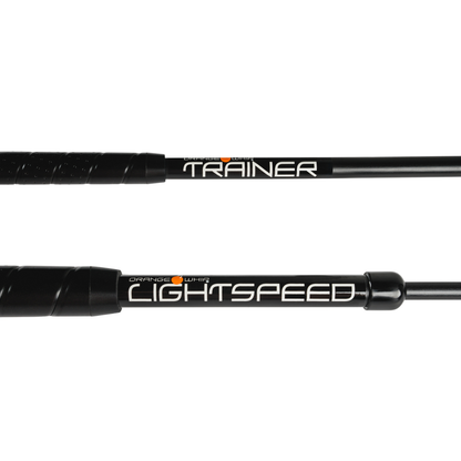 Two black Orange whip sticks with 'Trainer' and 'Lightspeed' branding on a white background.