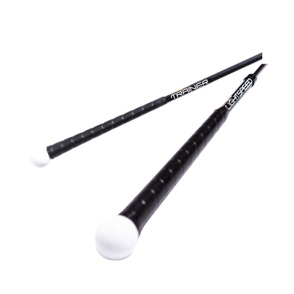 Two black Orange Whip sticks with white ends on a white background