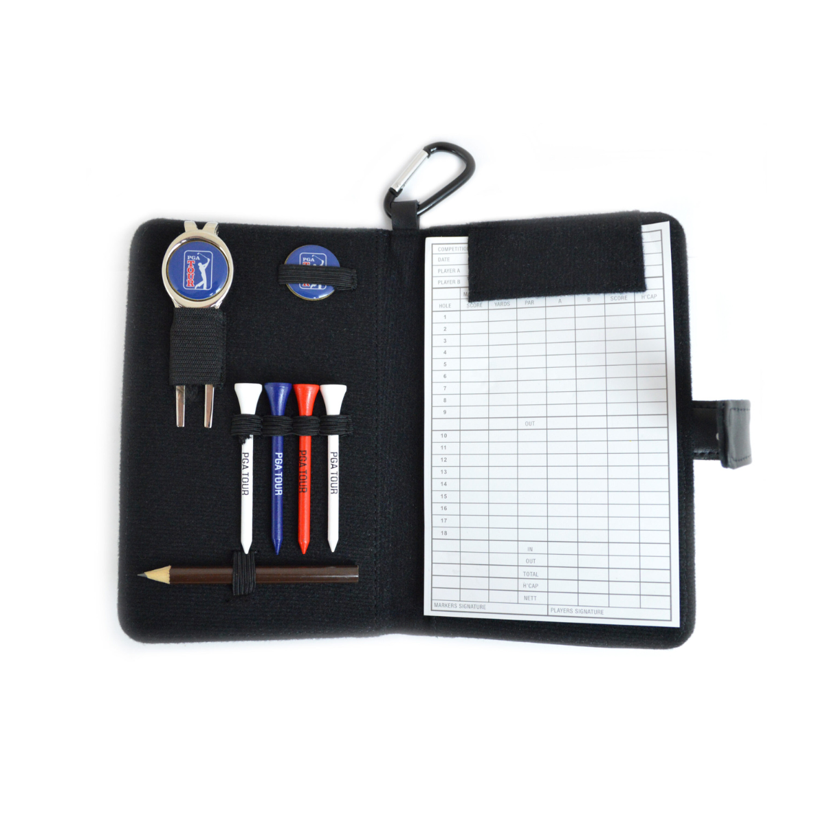 Golf accessories set including a scorecard, tees, and markers in a black case on a white background.