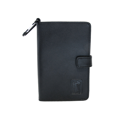 Black leather wallet with carabiner clip on a white background