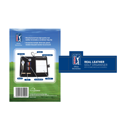 Golf organizer packaging with branding on a white background