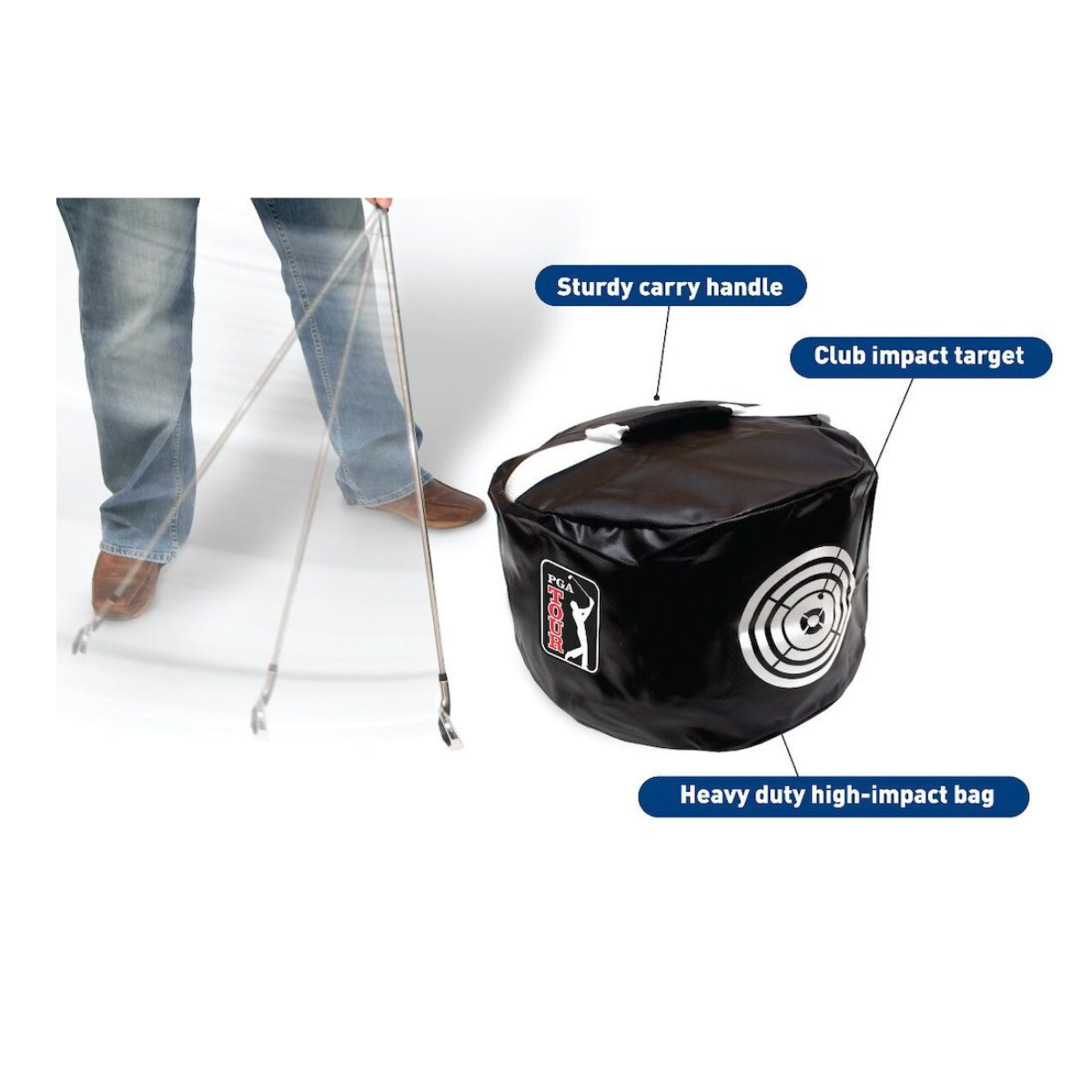 Golf impact bag with sturdy handle and target design on a white background