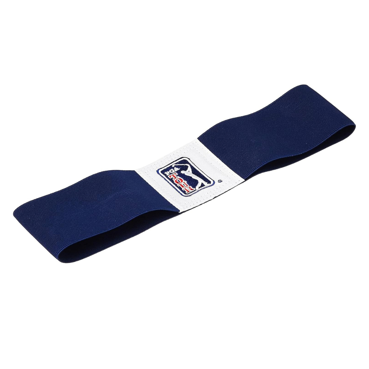 Blue swing connector band with a white label featuring a logo on a white background