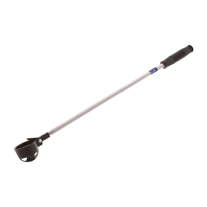 Long-handled ball retriever with black handle and cup on a white background