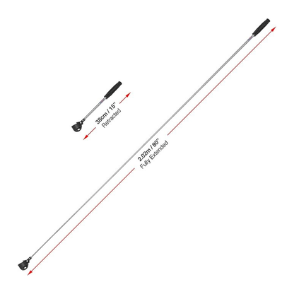 Telescopic pole with labeled extended and retracted lengths on a white background