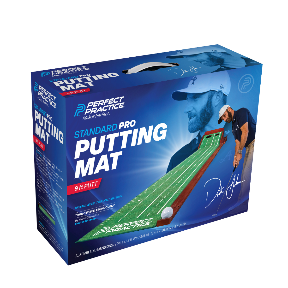 Box of Perfect Practice Standard Pro Putting Mat with golfer on the packaging