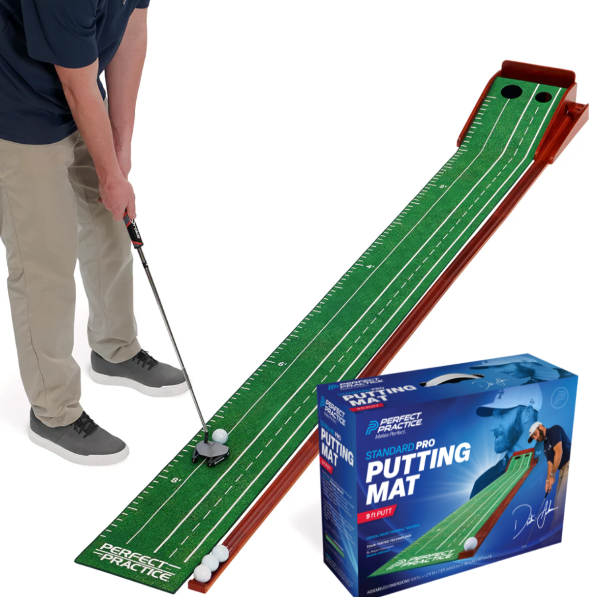 Person using the Perfect Practice standard V5putting mat with golf equipment and a box labeled 'Perfect Practice Putting Mat' on a white background.