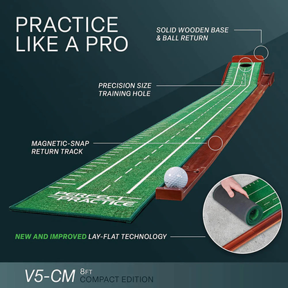 The Perfect Practice V5 Putting Mat with features highlighted on a dark background