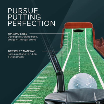 The Perfect Practice V5 Putting Mat with golf club and ball, labeled features on a dark background