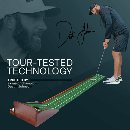 Dustin Johnson practicing golf on a The Perfect Practice V5 Putting Mat with 'Tour-Tested Technology' showing Dustin Johnson's signature.