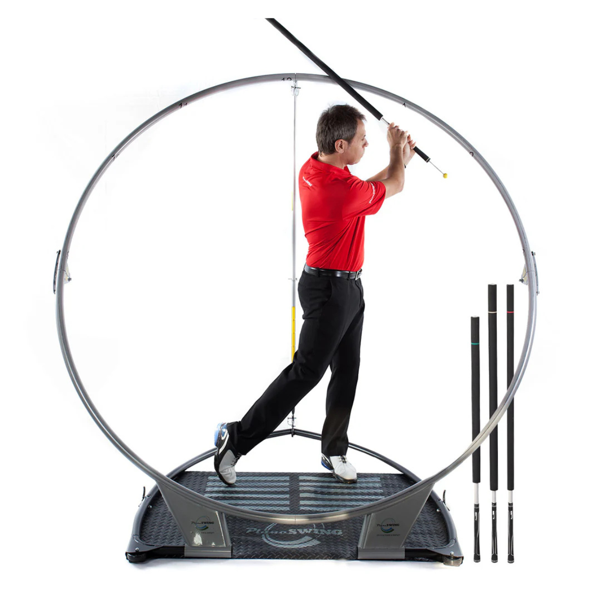 Person using the PlaneSWING trainer on a white background