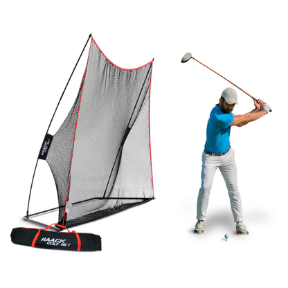 Person practicing golf swings with the Haack Golf Net without tri-turf mat on a white background