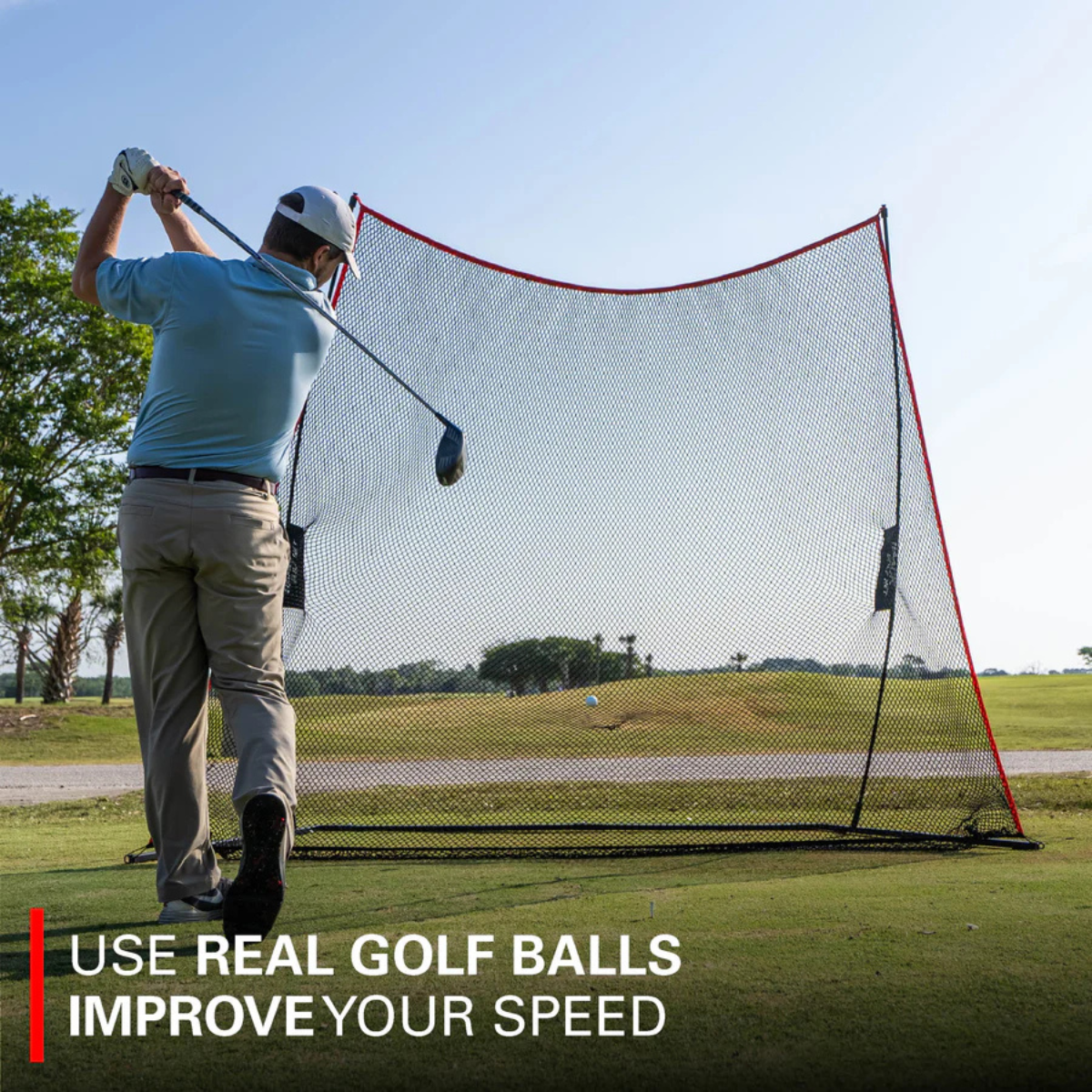 Person practicing golf swings on a driving range with text 'Use real golf balls, improve your speed'.
