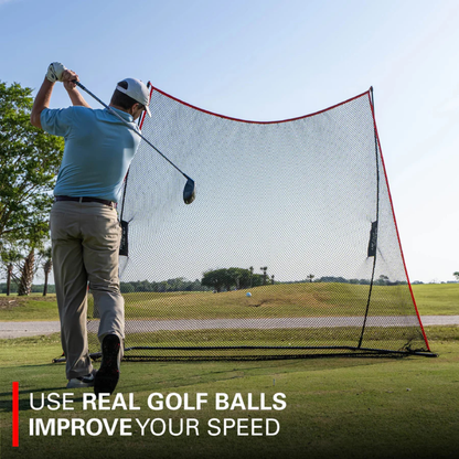 Person practicing golf swings on a driving range with text 'Use real golf balls, improve your speed'.
