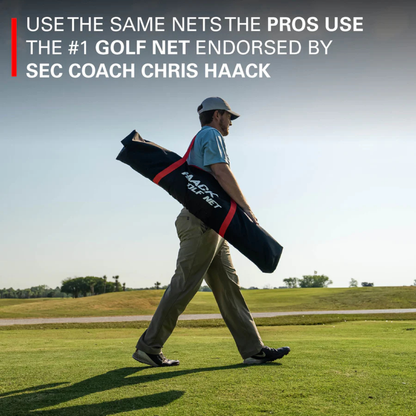 Man walking on a golf course with a golf net bag, endorsed by SEC coach Chris Haack.