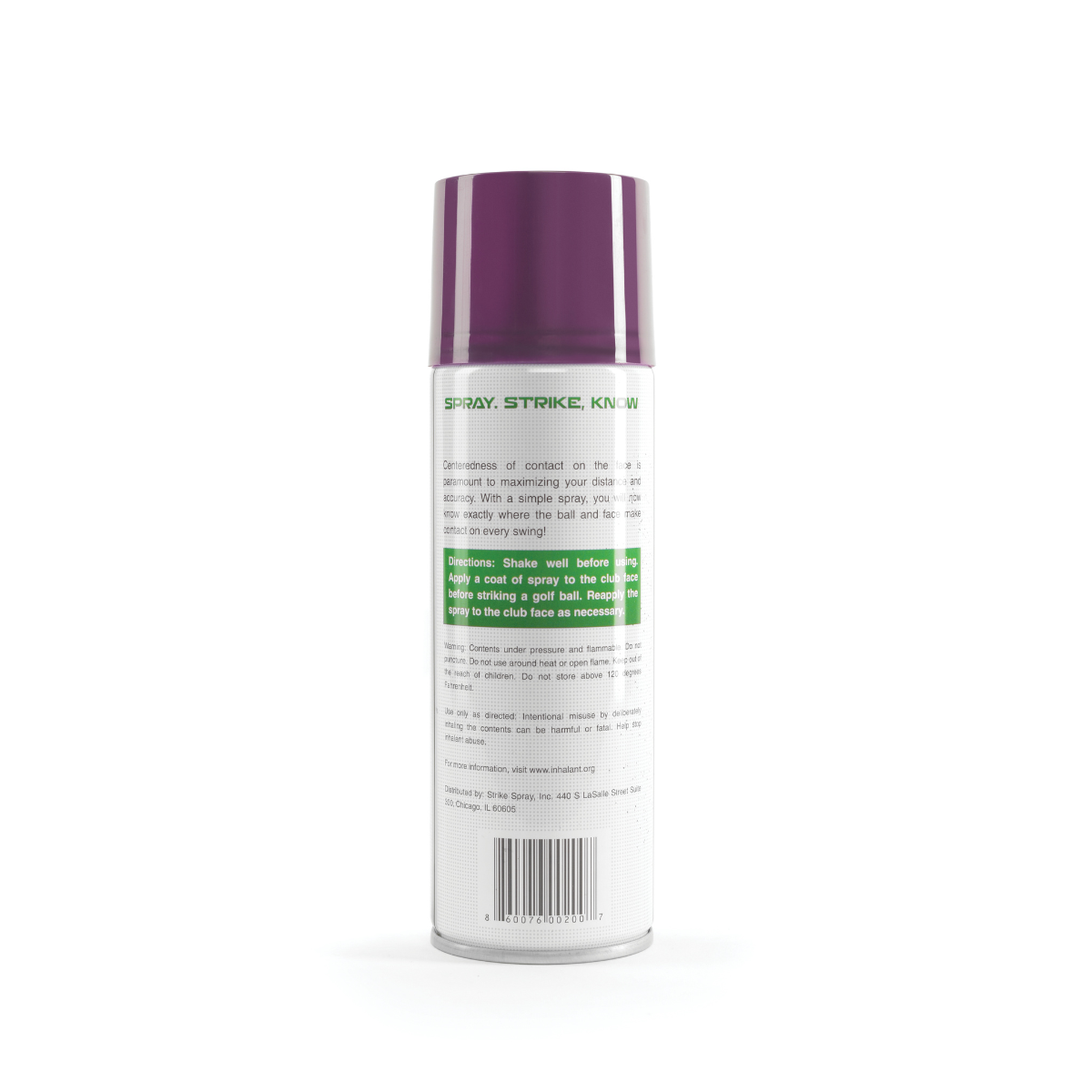 Spray can with purple cap and white body on a white background