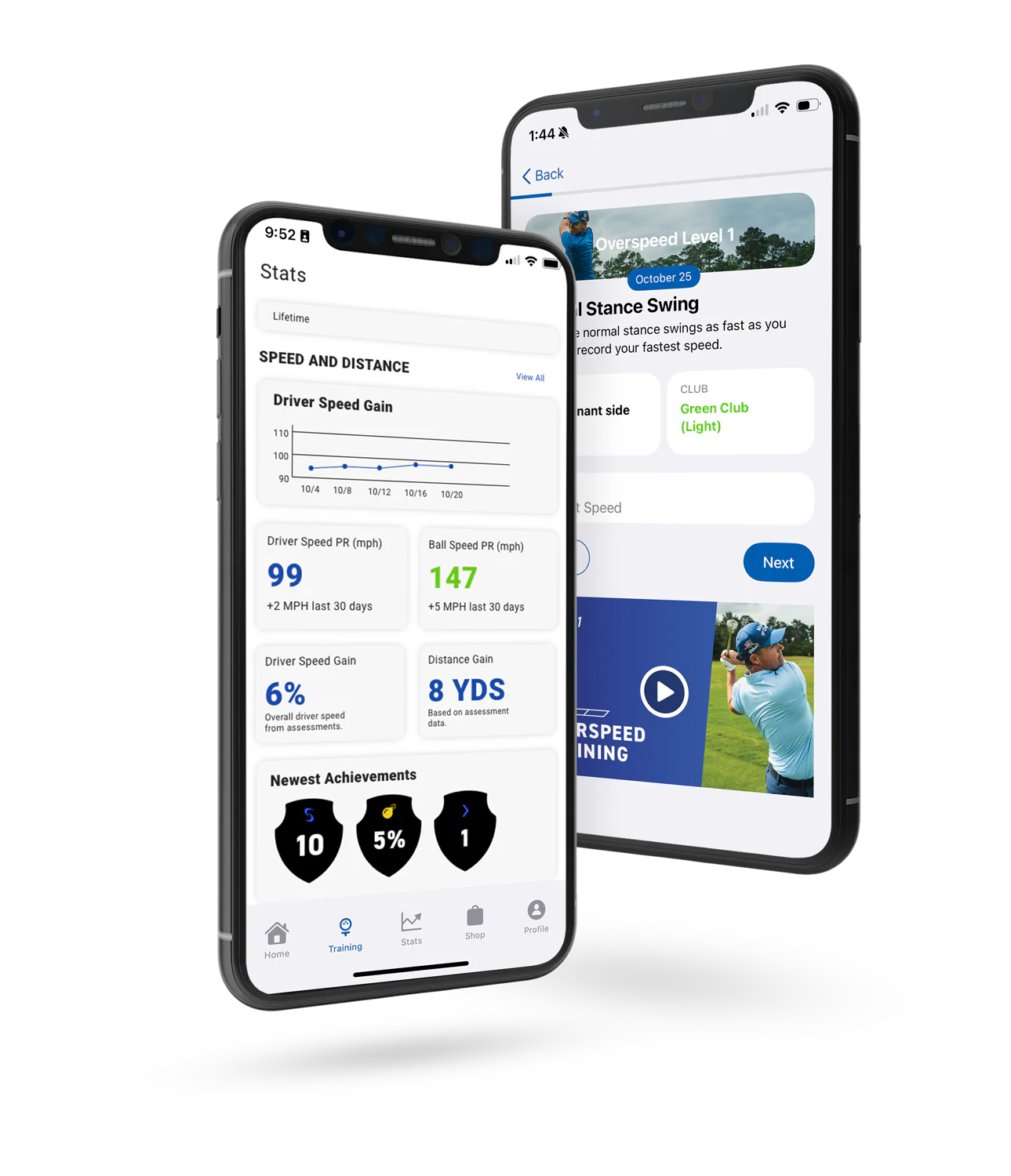 Two smartphones displaying a the SuperSpeed app with stats and a video of a golfer.