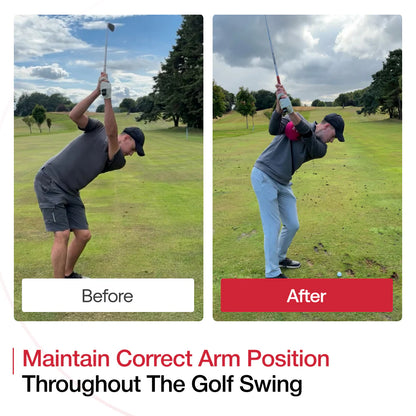 Before and after comparison showing improved arm position and swing connection using the TRS Ball golf training aid