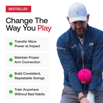 TRS Ball golf training aid helping golfers improve arm connection, consistency and repeatable swing mechanics