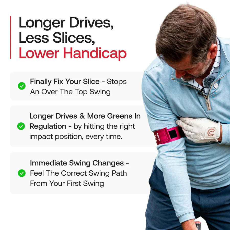 Golfer using the TRS Slider to improve swing path, reduce slices and hit longer, straighter golf shots