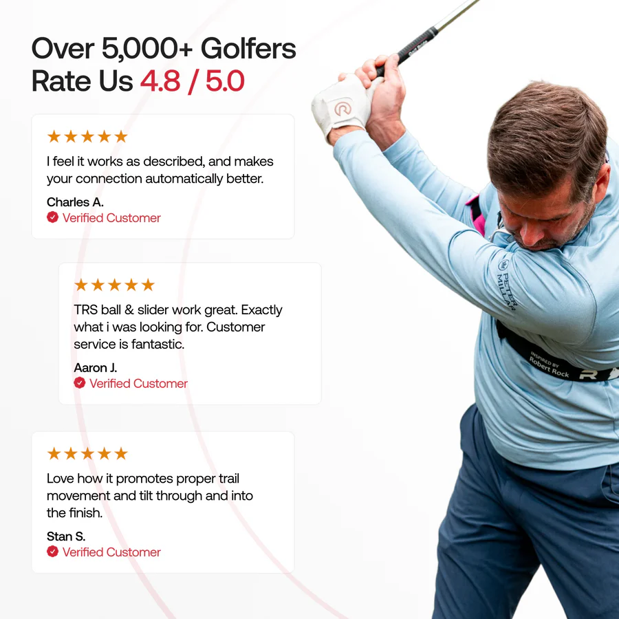 Customer reviews highlighting improved swing consistency, ball striking and reduced slices with the TRS Slider