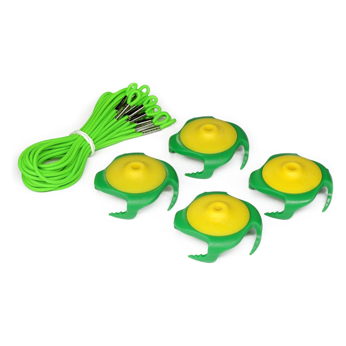 Four green and yellow Tee Claws with a bundle of green lanyards on a white background