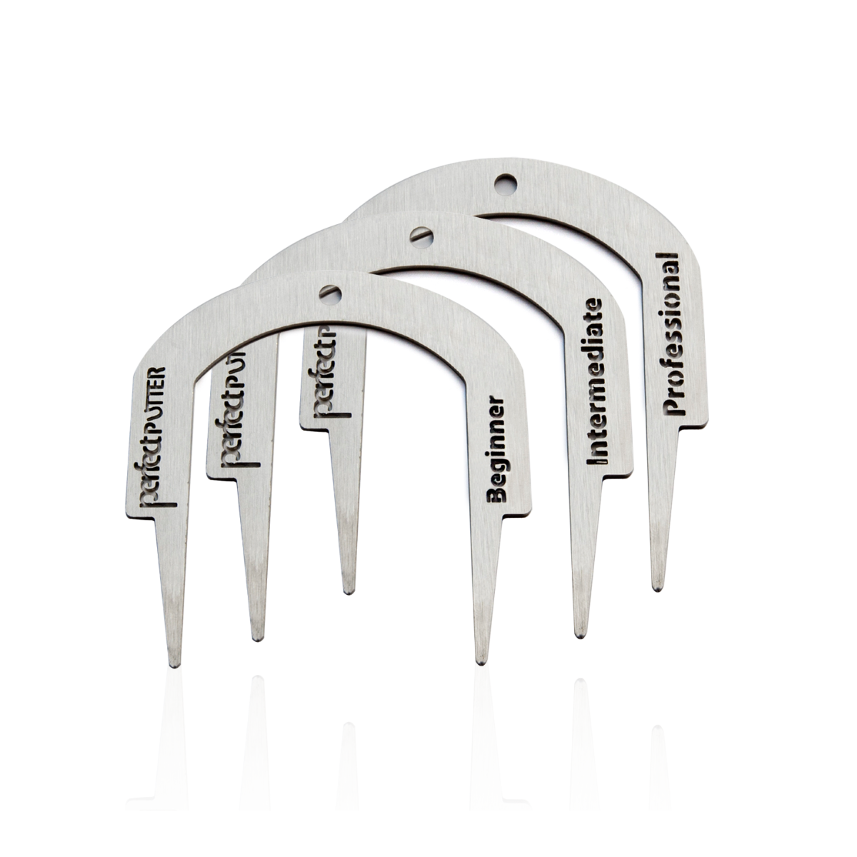 Set of four metal putter gates labeled 'Beginner', 'Intermediate', 'Professional' on a white background.
