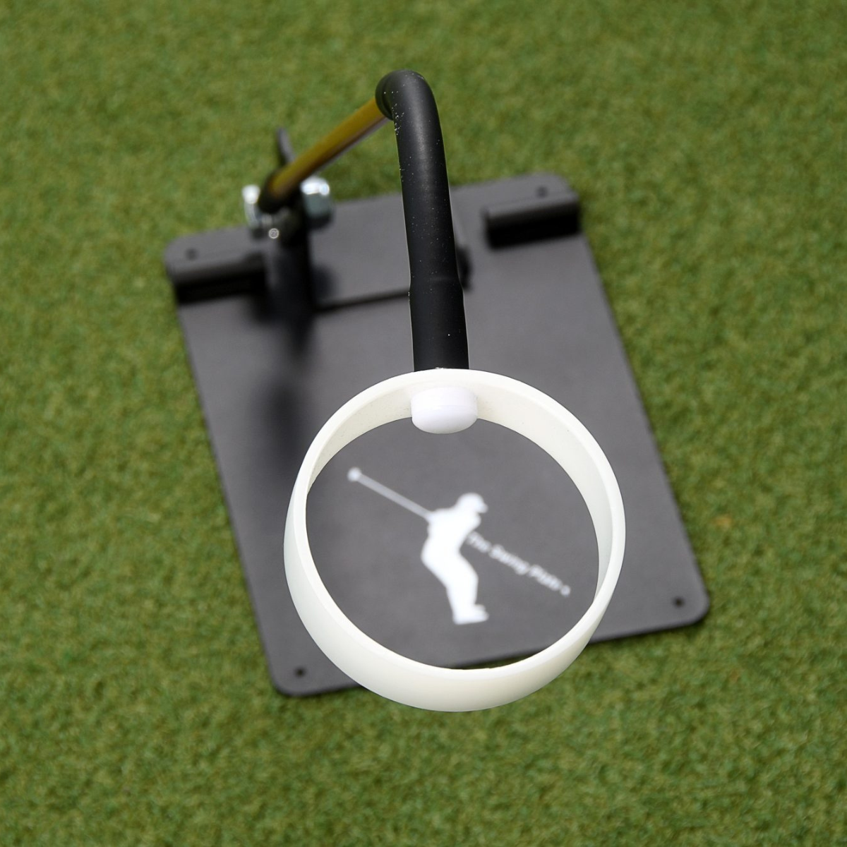 Golf training aid focusing on the white ring on a green surface