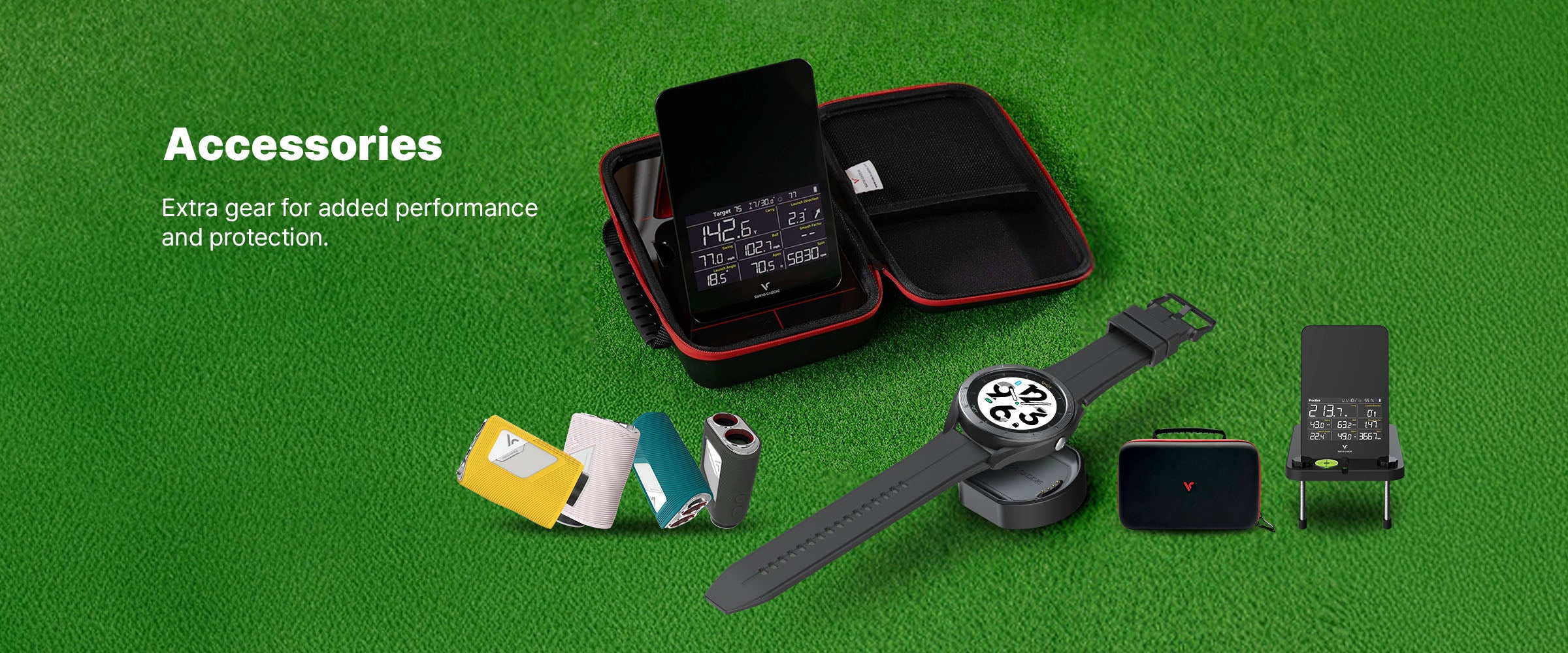 Collection of accessories on a green background with text about added performance and protection.