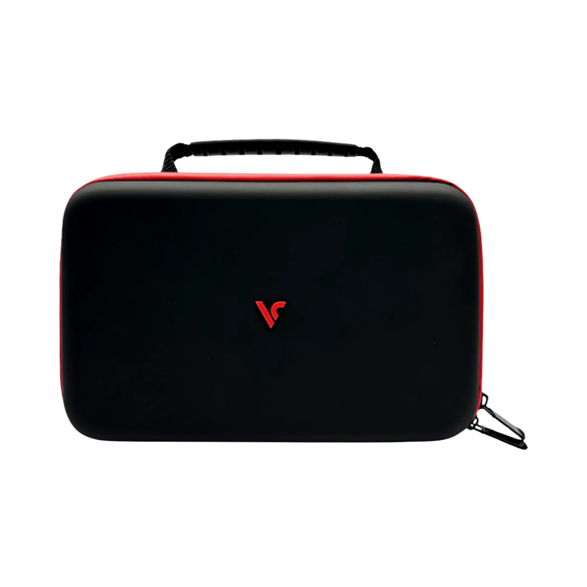 Black carrying case with red logo on a white background