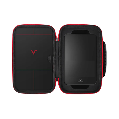 Black launch monitor case with red accents and a visible brand logo on a white background