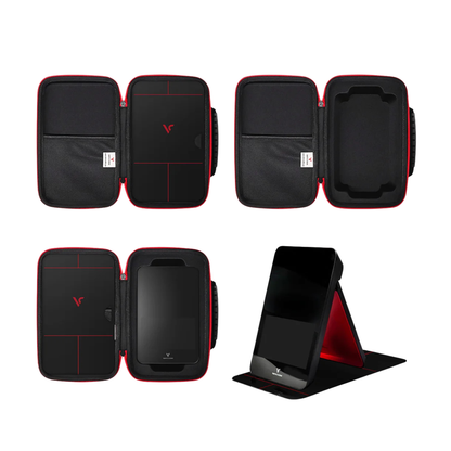 Black and red launch monitor case with stand feature on a white background