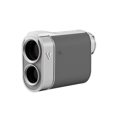 Golf rangefinder with silver and gray design on a white background